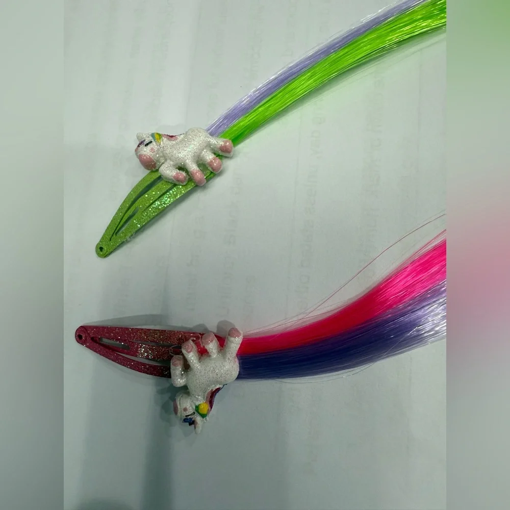 New Two Girl’s Colorful Faux Hair Extension Clips Unicorns